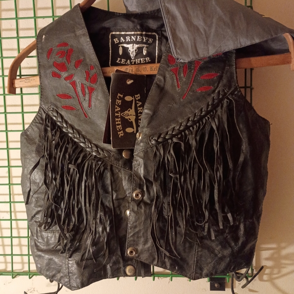 barneys leather Jackets & Blazers - Barneys Leather Black Fringe Vest with Red Floral Appliqué